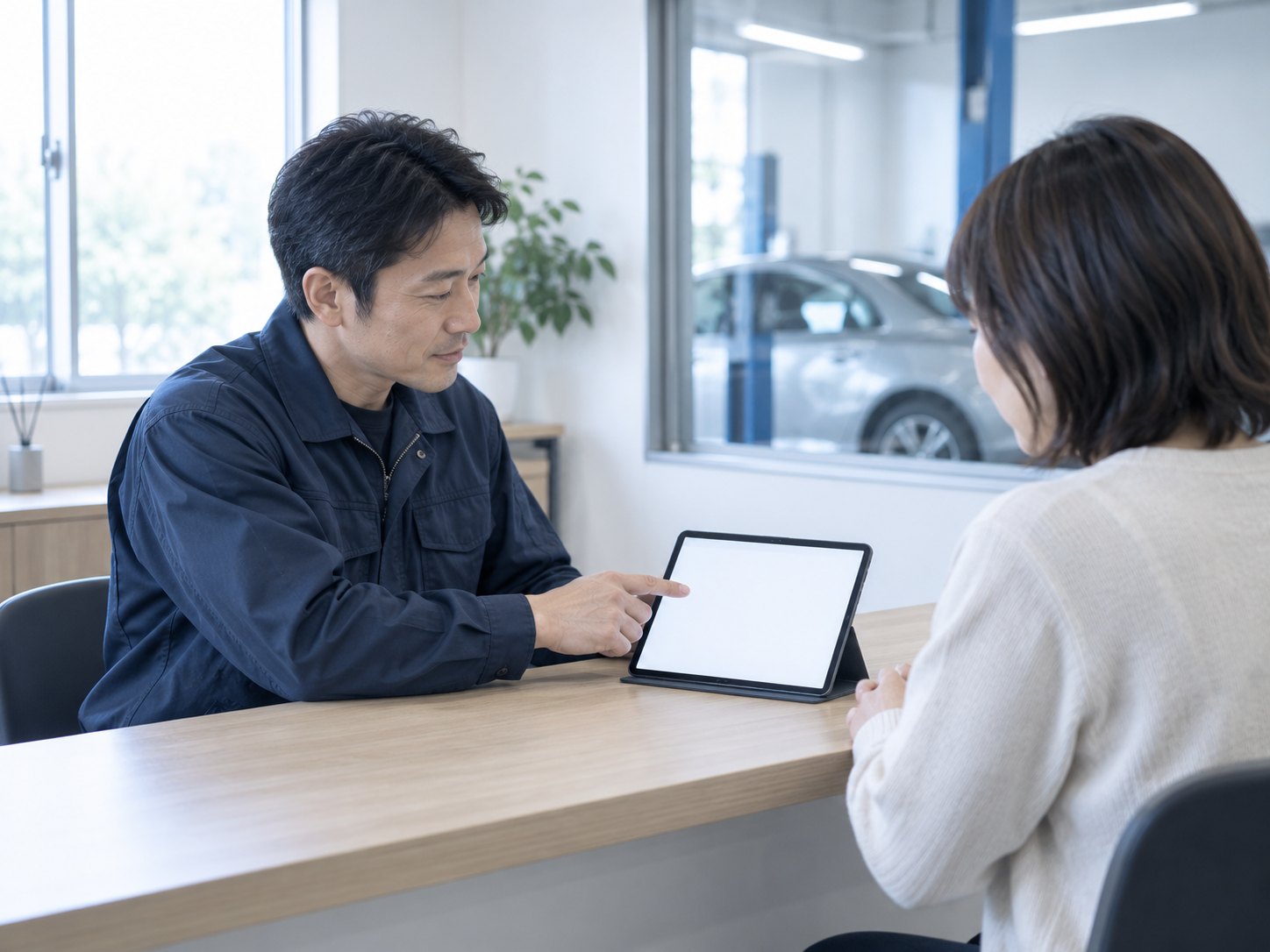 工場に併設された打ち合わせスペースで、タブレットを指しながら説明するスタッフとお客様