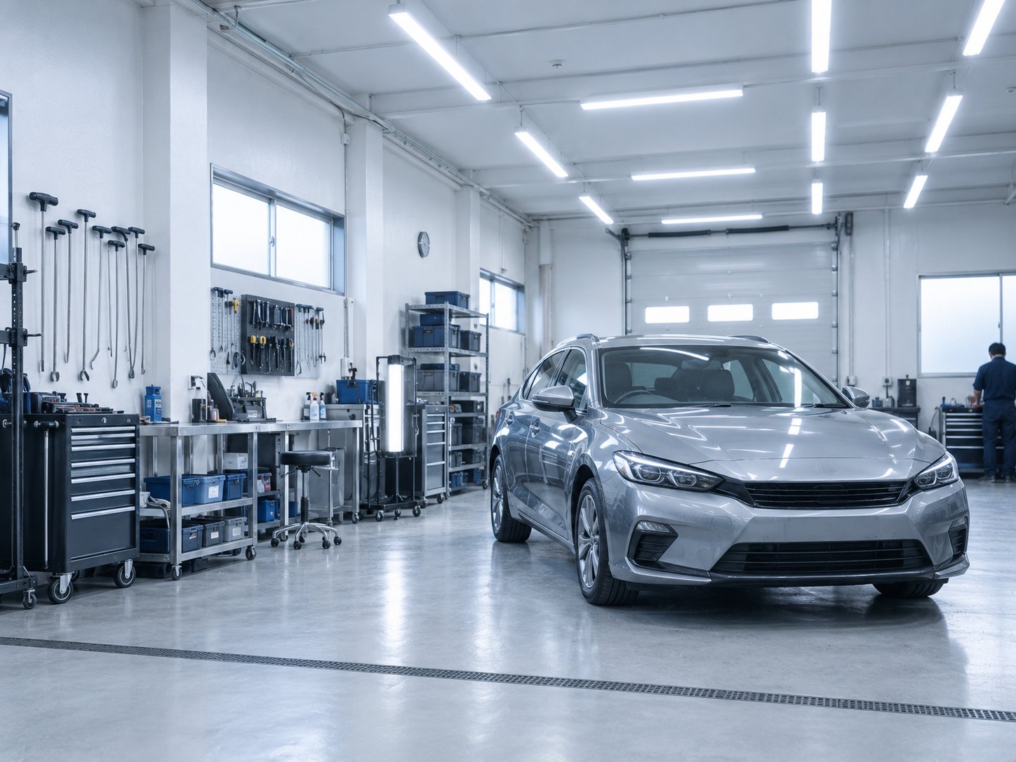 白い壁と明るい床の作業スペース。中央に乗用車が停まり、壁沿いに工具棚が並んでいる