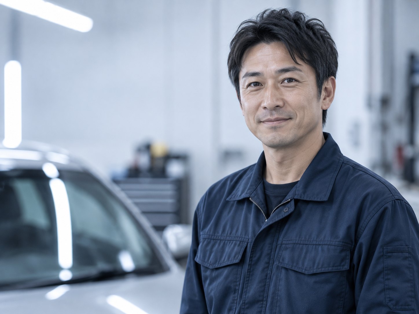 作業スペースに立つ、濃紺の作業着を着た作業者